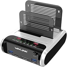 WAVLINK USB 3.0 to SATA Dual Bay Hard Drive Docking Station with Offline Clone Function for 2.5"/3.5" SATA HDD SSD, Support Fast Charger and TF & SD C