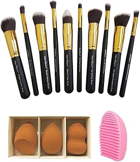 Combo of Urban Beauty 10 Piece Makeup Brush Set + 3 Makeup Blenders/Sponges + Brush Cleaning Egg, Kabuki Foundation, Eyeshadow Blending, Buffing, Cont