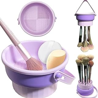 3-in-1 Silicone Makeup Brush Cleaner Bowl with Drying Holder – Portable Cosmetic Brush Cleaning Pad with Suction Cups – Brush Washing Bowl, Puff And S