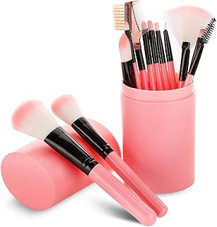 Synthetic Bristle Makeup Brush Set With Storage Barrel Bottle- Pink, Pack of 12