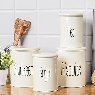 MARKET 99 White Metal Tea and Sugar Jar 900ml Each with Biscuit and Namkeen Jar 1700ml Each Set of 4 | Leak-Proof Kitchen Storage Containers for Dry F