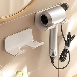 HASTHIP® 2Pcs Hair Dryer Stand with Plug Storage Slot, No Drill Self-adhesive Wall-Mounted Hair Dryer Rack Organizer Bracket for Bathroom