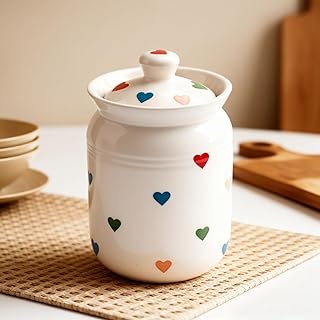 Multi Heart Printed Ceramic Handglazed Pickle Jars Set of 1-1000 ML Each | 1 kg Achaar Martban Barni Jar with Lid | Ceramic Storage Jar Container Pick