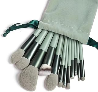 13-Piece Makeup Brush Set, Green, Premium Fiber Bristles, with Velvet Drawstring Bag, for Foundation, Blush, Contour and Eyeshadow
