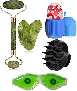 4 in 1 Face Care Combo Set, Jade Roller, Gua Sha, Ice Roller, Scalp Massager and Cooling Eye Gel Mask, for Glowing Skin, Dark Circles and Puffiness, f