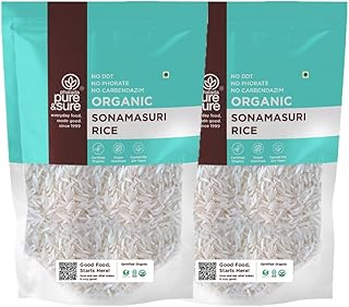 Pure & Sure Organic Sona Masuri Rice 2kg | 100% Naturally Processed Chawal | Organic Energy Booster | Rich in Fibre | Raw & Aged for 2 yrs| 1kg each (