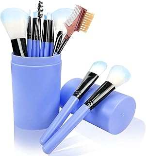 Makeup Brush Set with Holder, Blue, 12 Pieces, Includes Powder Brush, Eyeshadow Brushes, Mascara Wand, Eyelash Comb