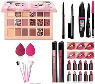 Just Tya Multicolour Professional Nude Edition Eyeshadow Palette Makeup Kit with 5 Pink Makeup Brushes Set, 2 Pcs Red + Nude Lipstick Set,3in1 Eyeline