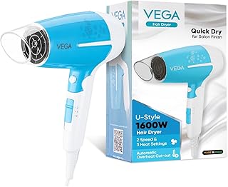 Vega U Style 1400-1600W Foldable Hair Dryer for Women & Men with Cool Shot Button, 2 Speed/3 Heat Settings, Detachable Nozzle, Travel Friendly, Fast H