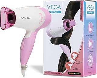 VEGA Insta Glam Foldable 1000-1200Watts Hair Dryer for Men & Women, 2 Heat & 1 Speed Settings (Low & High), Perfect Blow Dry & Style, Compact Hair Dry