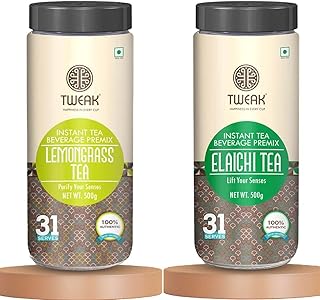 TWEAK Instant Tea | Elaichi Tea Premix + Lemongrass Tea Premix (500g Jar Pack) | Instant Tea Premix | Make 60cups of 100 ml from 2 Jars | Regular Suga