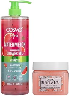 Cosmo Skin Care Be Fresh Watermelon Refreshing Shower Gel 1000ml & Moroccan Rose Shea Sugar Scrub 450g Combo | Body Wash With Aloe & Vitamin E | Deep