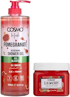 Cosmo Skin Care Be Fresh Pomegranate Refreshing Shower Gel 1000ml & Strawberry Shea Sugar Scrub 450g Combo | Body Wash With Aloe & Vitamin E | Deep Ex