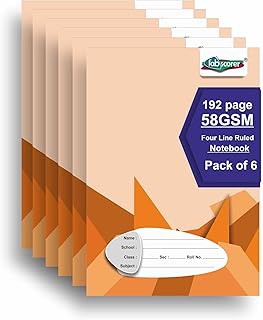 English Four Line Notebook for Kids Set of 6 | 192 Pages Each | 24 x 18 cm | Soft Bound Ruled Notebook with Margin | White Paper | Ideal for School, H