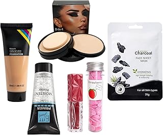 6-Piece Makeup & Skincare Combo – 50ml HD Foundation, 50ml Hydrating Gel Primer, 2-in-1 Dual-Layer Compact Powder, Diamond-Cut Matte Liquid Lipstick,