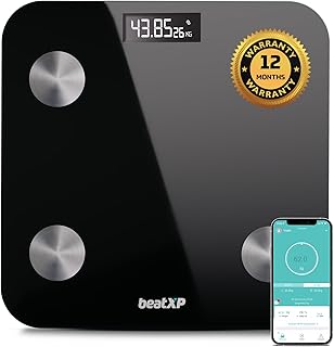 beatXP Smart Bluetooth BMI Weight Machine for Body Weight with 12 Essential Body Parameters, Wireless Body Composition Scale with Easy App Sync, 12 Mo