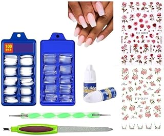 Reusable 200 PCS White & Transparent false nail Kit with 2 Nail Glues, Nail Dotting Tool, Nail Filer & 2 Nail Art Sticker Sheets – Full Cover Artifici