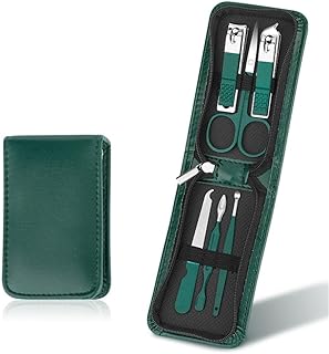 Essentials 6 Pcs Manicure Set Nail Clippers, Stainless Steel Nail Scissors Grooming Kit, Acne needle, Blackhead Tool Leather Travel Case (Green and Bl