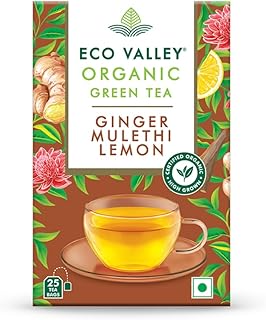 Eco Valley Organic Green Tea - Ginger Mulethi Lemon - 25 Tea Bags | Boost Energy, Helps Burn Body Fat, Low Calories | Grown In Nilgiris | Rich in Anti
