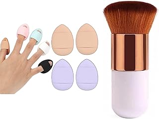 Beauty Makeup Kit with Round Foundation Brush, 4 Piece Finger Powder Puff Set, Mini Makeup Sponge for Concealer and Cosmetic Application