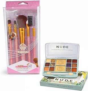 Luxury Makeup Combo Set – 12 Color NUDE Eyeshadow Palette with 2 Compact Powders & 5-Piece Professional Beauty Brush Kit | Long Lasting & Highly Pigme