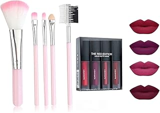Soft Bristles Pink Makeup Brushes Set with 4-in-1 Liquid Matte Mini Lipstick Red Edition | 5 Pcs Face & Eye Brush Combo | Long-Lasting Lip Colors | Pa