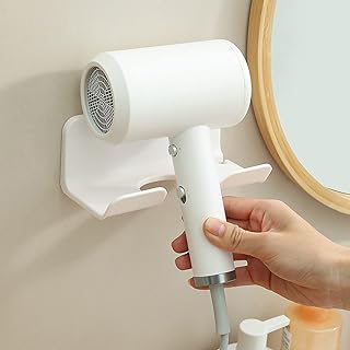 Wolpin Wall-Mounted Hair Dryer Holder | Plastic Bathroom Storage Stand Organizer with Self-Adhesive Mount (White)