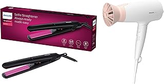 PHILIPS Hair Dryer BHD308/30 1600W Thermoprotect AirFlower, 3 Heat & Speed Settings for quick drying & HP8302 Selfie Straightener (Black)