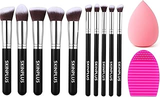 SKINPLUS Premium Kabuki Makeup Brush Set – 10 pcs Professional Synthetic Foundation, Powder, Blush & Eyeshadow Brushes (Black/Silver, 10 Pcs with Blen