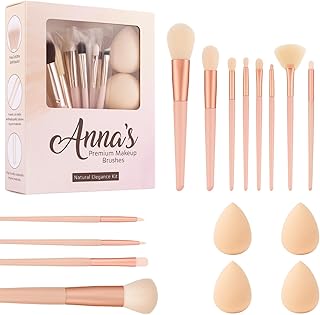 ANNA's Premium 16 Pcs with Gift Box 12 Pcs Makeup Brush Set with 4 Blender Sponge – Professional Face & Eye Cosmetic Brushes for Foundation, Blending,