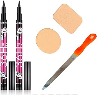 Combo Pack- || 2 Pieces 36hr Eyeliner || 2pc Makeup Sponges || 1 Nail Filer || Cosmetic Beauty Product Tools - Pack Of 5