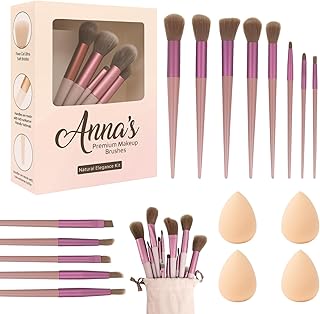ANNA's Premium 17 Pcs with Gift Box 13 Pcs Makeup Brush Set with 4 Blender Sponge Professional Face & Eye Cosmetic Brushes for Foundation, Blending, C