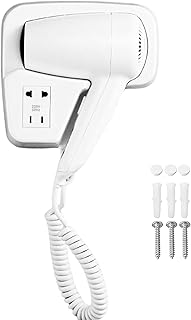 Wall-Mounted Electric Hair Dryer with Holder & Power Socket – Hotel-Style Bathroom Hair Dryer with Spiral Cord and Easy Installation (White)