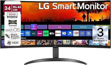 LG 34SR60QC 86.42cm (34 Inch) Smart Curved (1800R) WQHD (3440x1440) Monitor, HDR10, sRGB 99%(Typ.), HDMI X 2, Built-in Speaker (7W x 2), webOS, AirPla