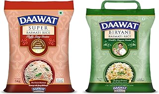 Daawat Biryani, World's Longest Grain, Aged Basmati Rice, 5 Kg & Daawat Super, Perfectly Aged, Long Grain with Rich Aroma Basmati Rice, 5 Kg