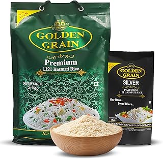 GOLDEN GRAIN Premium Basmati Rice 5Kg + Silver Platinum 1Kg | Extra Long Grain 3X with Rich Aroma | Traditional Biryani Rice | Naturally Aged & Non-St