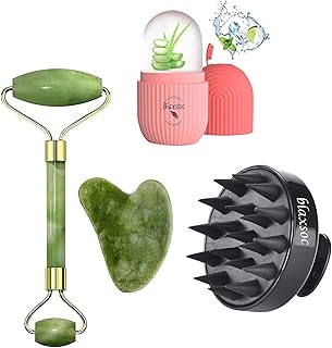 BLAXSTOC Facial Massager Jade Roller & Gua Sha Tool Natural Himalayan Stone For Face Neck Healing Skin Wrinkles & Serum Application Hair Scalp & Ice M