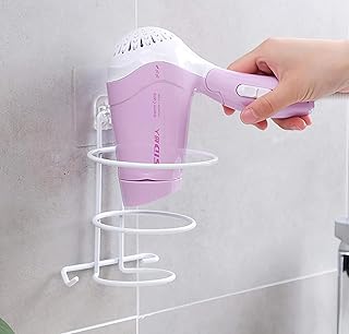Decorlay Wrought Iron Self-Adhesive Hair Dryer Holder, Hair Strengthener Holder, Dryer Hanging Stand, Plug Hook | 11 x 11 x 15 CM (White)