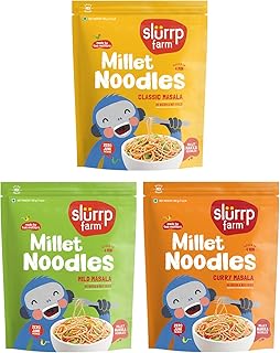Slurrp Farm No Maida Hakka Noodles Combo, Not Fried, No MSG, Classic, Mild and Curry Masala Millet Noodles, Pack of 3 X 192 g
