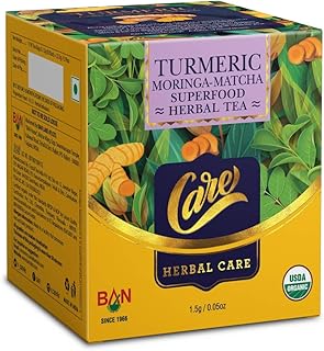 CARE Turmeric Moringa Matcha Herbal Green Tea Bags, 15 Bag (Pack of 1) Organic Desi Kahwa with Orange Peels | Whole Loose Leaves Blend | Ayurvedic Ind