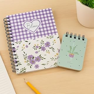Bloom Floral Notebooks (Set of 2) | Large A5 Spiral Journal & Mini Pocket Notebook | Cute Flower Design | 80 GSM Ruled Pages for School, Office & Pers
