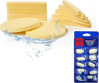 Combo Compressed Premium Facial Makeup Sponge Set With 100pcs Fake Nails, Durable Soft Sponge For Liquid Foundation, Creams, and Powders Latex Free We