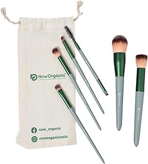 Now Organic Brand Premium Makeup Brush Set, 6 Pieces set with Natural Soft Bristles, for Face and Eye Makeup.