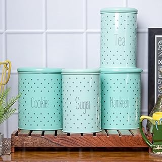 MARKET 99 Polka Dot Green Storage Jar Set of 4 | Tea & Sugar Jar (900ml Each) + Cookie & Namkeen Jar (1700ml Each) | Galvanised Iron Airtight Containe