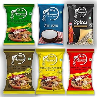Annapurna Kitchen Spices Combo Pack (6 Items) | Jeera, Haldi, Lal Mirch, Garam Masala, Dhaniya Powder (200g Each) & Sendha Namak 1kg | Pure & Fresh Ma