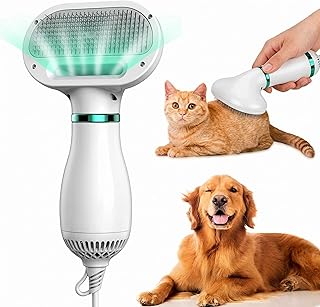 2-in-1 Pet Hair Dryer Brush – Self-Cleaning Slicker Brush with Adjustable Temperature – Low Noise Professional Dog & Cat Grooming Blow Dryer – Portabl