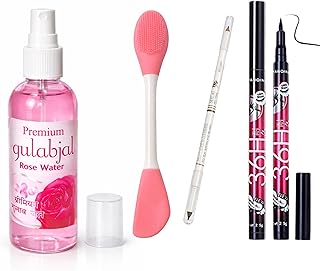Professional 4-Piece Beauty Combo – Includes Premium Gulabjal (Rose Water) Toner Spray, 2-in-1 Dual-Ended Silicone Face Mask Brush, 36H Waterproof Liq