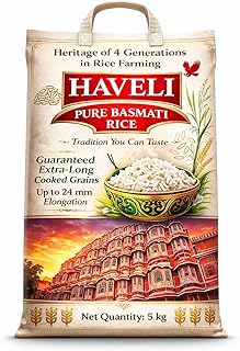 HAVELI Super Basmati Rice 5Kg| Fluffy Long Grains| Cooked upto 24mm*