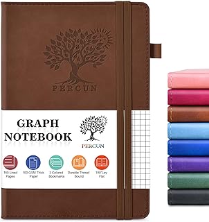 PERCUN Graph Paper Notebook, 160 Pages Grid Journal for women & men, A5 Hardcover Leather Graphing Notebook for School, Work, Travel, Note Taking 5.9”
