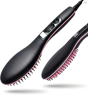 Ceramic Hair Straightener Brush with Digital Display & Temperature Control, Quick Heating Anti-Frizz Straightening Brush, Gift for Women, Girls & Salo